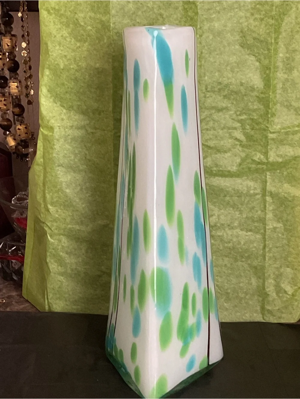 Global Views White Ceramic Vase with Aqua and Lime Green Spots